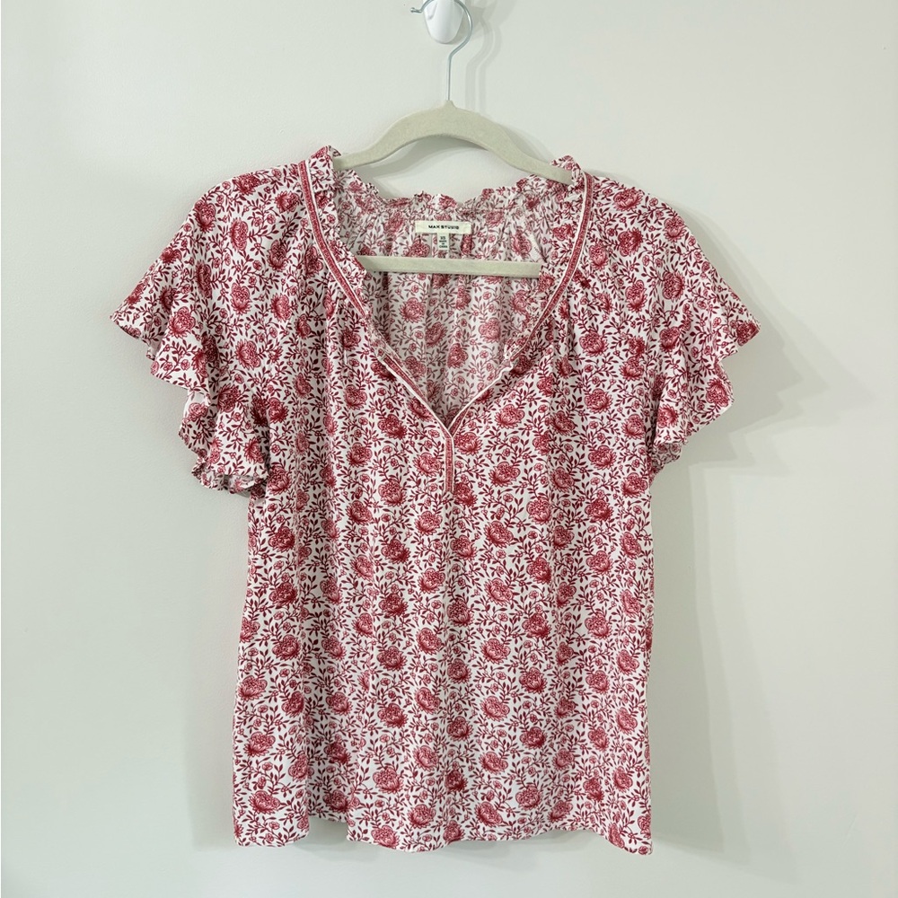 MAX STUDIO Womens XS red floral flutter sleeve keyhole neckline blouse Summer